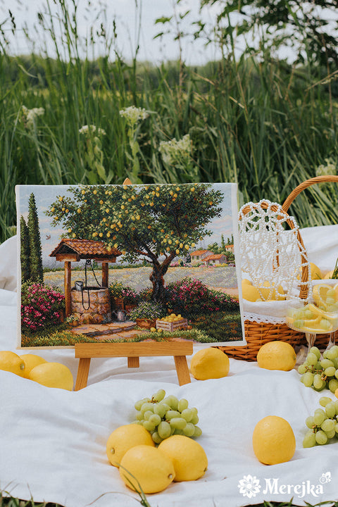 Cross Stitch Kit Under the Lemon Tree Nature Design, Merejka, 39.5 x 30 cm, DMC Threads, Zweigart Aida 16 Canvas