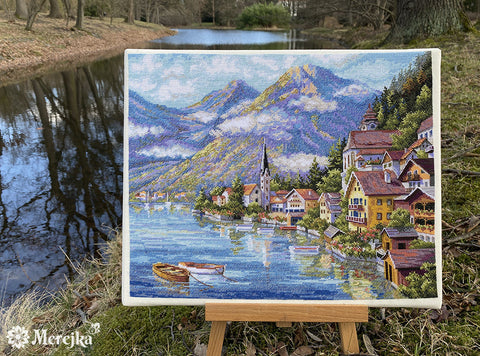 Merejka Alpine Village Cross Stitch Kit, Winter Mountain Village Landscape, Cotton Threads, Needle, Pattern and Instructions