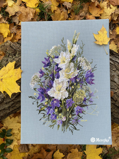 Merejka White Gladiolus Cross Stitch Kit, Floral Embroidery Set, Aida Canvas, Cotton Threads, 39×27 cm, Beginner to Advanced, Complete Kit