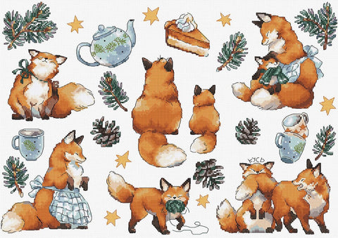 Foxy New Year Cross Stitch Kit, LetiStitch, 39 x 27 cm, Zweigart Aida 16ct, Anchor Cotton Threads, Christmas Design