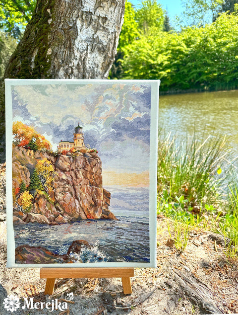 Merejka Split Rock Lighthouse Cross Stitch Kit, Seaside Landscape, Cotton Canvas, 39 × 30 cm