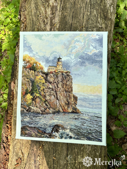 Merejka Split Rock Lighthouse Cross Stitch Kit, Seaside Landscape, Cotton Canvas, 39 × 30 cm