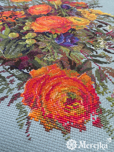 Cross Stitch Embroidery Kit Sunlit Petals Floral Design, Merejka, 39 × 31 cm, Warm-Toned Wall Decor Project