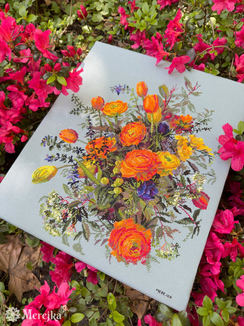 Cross Stitch Embroidery Kit Sunlit Petals Floral Design, Merejka, 39 × 31 cm, Warm-Toned Wall Decor Project