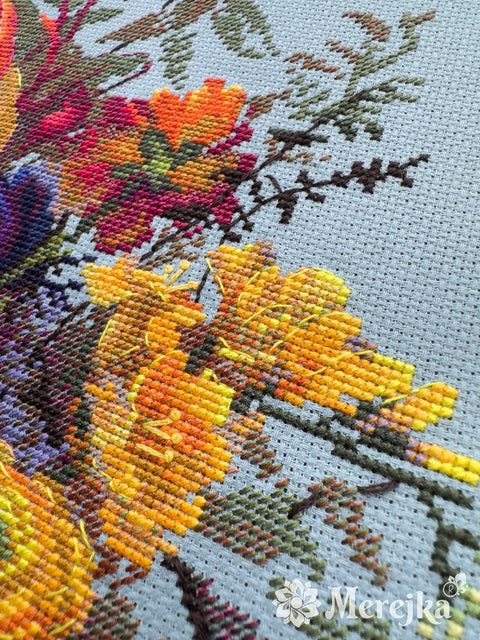 Cross Stitch Embroidery Kit Sunlit Petals Floral Design, Merejka, 39 × 31 cm, Warm-Toned Wall Decor Project