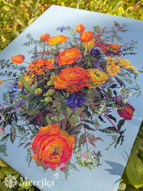 Cross Stitch Embroidery Kit Sunlit Petals Floral Design, Merejka, 39 × 31 cm, Warm-Toned Wall Decor Project