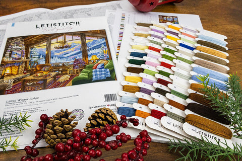 Cross Stitch Kit Winter Cabin Landscape, Letistitch, 39 × 31 cm, Winter Tones, Home Decor Embroidery Project
