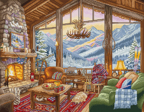 Cross Stitch Kit Winter Cabin Landscape, Letistitch, 39 × 31 cm, Winter Tones, Home Decor Embroidery Project