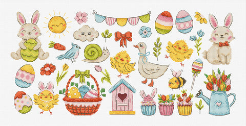 Easter Cross Stitch Kit for Decorative Sampler, Letistitch, 40 × 19 cm, Zweigart Aida 16 ct Cotton Fabric, 20 Thread Colors