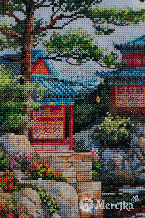Silent Bell Cross Stitch Kit, Nature-Themed Design, Merejka, Zweigart Aida 16 Ecru, DMC 43 Colors, 31×40 cm, Fantastitch Pattern