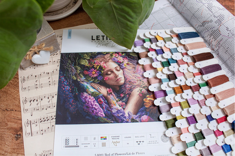 LetiStitch Counted Cross Stitch Kit Bed of Flowers, 42 x 28 cm, Zweigart Aida, Anchor Cotton Threads, Fantasy Design