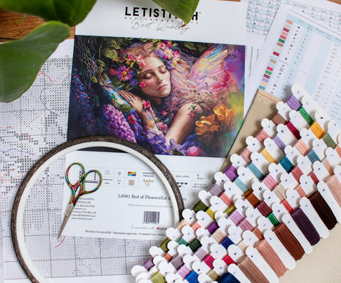 LetiStitch Counted Cross Stitch Kit Bed of Flowers, 42 x 28 cm, Zweigart Aida, Anchor Cotton Threads, Fantasy Design