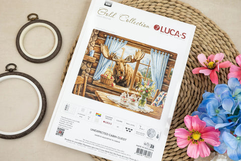 Cross Stitch Kit, Unexpected Cabin Guest Animal Design, Luca-S 43 x 32 cm, Zweigart Aida 16 ct, 63-Color Cotton Threads