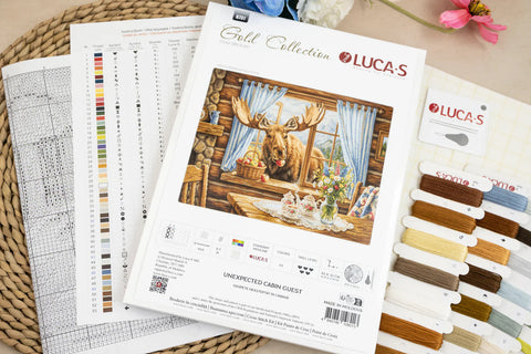 Cross Stitch Kit, Unexpected Cabin Guest Animal Design, Luca-S 43 x 32 cm, Zweigart Aida 16 ct, 63-Color Cotton Threads