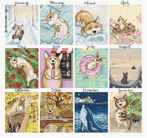 Doggy Calendar Cross Stitch Kit, LetiStitch, 43x41cm, Zweigart Aida 16ct, 100% Cotton Anchor Threads