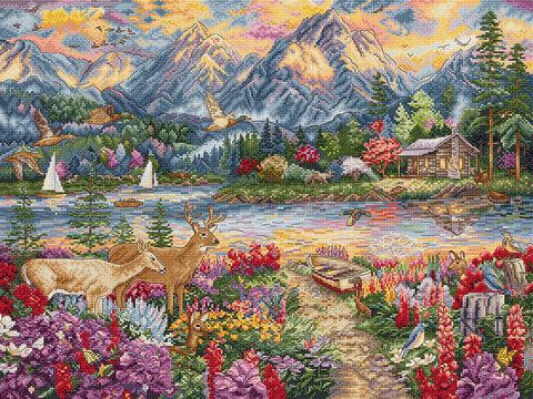 Cross Stitch Kit Spring Mountain Landscape, Snowy Peaks, Letistitch, 45×34 cm, Aida Fabric, Threads, Needle, Pattern & Instructions