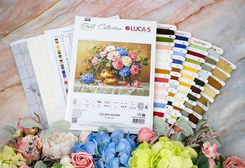 Luca-S Golden Bloom Cross Stitch Kit 48x33cm on Zweigart 16ct Aida