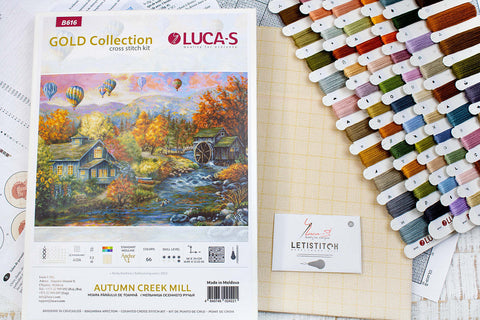 Luca-S Autumn Windmill Landscape Cross Stitch Kit, Fabric Threads Needle Chart
