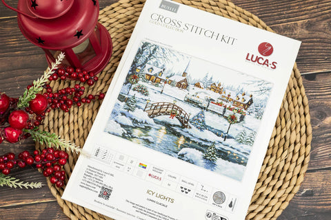Winter Christmas Cross Stitch Kit Icy Lights, Luca-S 48 x 35 cm, Zweigart Aida 16 ct, 52 Colors
