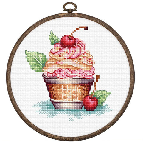 Luca-S Cherry Ice Cream Cross Stitch Kit with Hoop 8x9cm Beginner Set