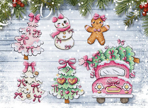 Christmas Cross Stitch Ornament Kit, Letistitch Sweetmas, 6 Plastic Canvas Decorations, 9 cm, 14 Count, 22-Color Cotton Thread