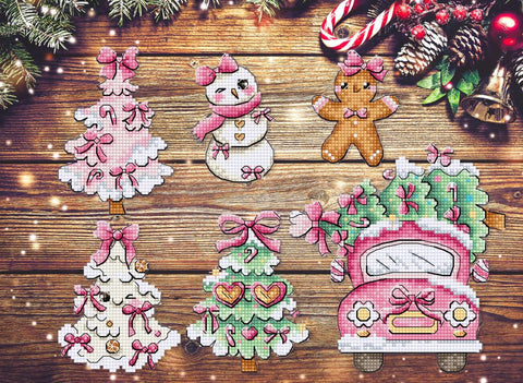 Christmas Cross Stitch Ornament Kit, Letistitch Sweetmas, 6 Plastic Canvas Decorations, 9 cm, 14 Count, 22-Color Cotton Thread