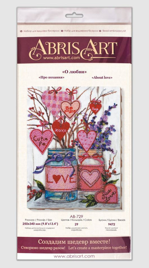 Bead Embroidery Kit, Love Theme, 25 x 34 cm Printed Canvas, Abris Art, 29 Colors, 9472 Beads