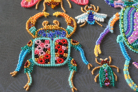 Bead Embroidery Kit Beetles Deco Scenes, Abris Art, Natural Canvas, Preciosa Ornela Glass Beads, 240 x 330 mm, Art Deco Insect Design