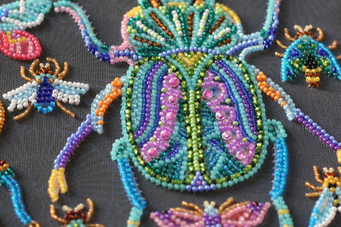 Bead Embroidery Kit Beetles Deco Scenes, Abris Art, Natural Canvas, Preciosa Ornela Glass Beads, 240 x 330 mm, Art Deco Insect Design