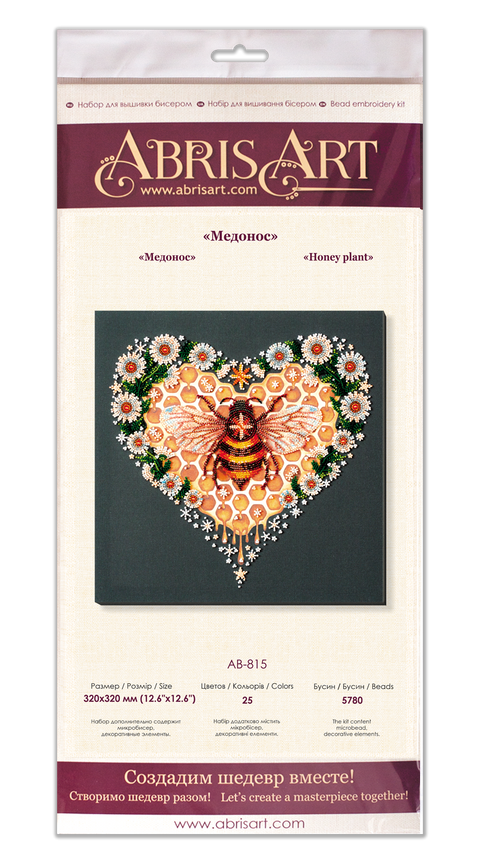 Bead Embroidery Kit, Honey Plant Design, Abris Art, 320 x 320 mm, Preciosa Czech Glass Beads, 25 Colors