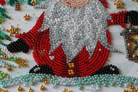 Bead Embroidery Kit, Visiting the Gnomes Winter Christmas Scene, Abris Art, 27x38 cm, 30 Colors, 10,205 Beads