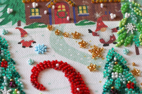 Bead Embroidery Kit, Visiting the Gnomes Winter Christmas Scene, Abris Art, 27x38 cm, 30 Colors, 10,205 Beads