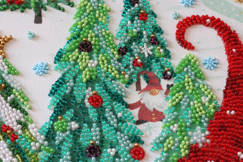 Bead Embroidery Kit, Visiting the Gnomes Winter Christmas Scene, Abris Art, 27x38 cm, 30 Colors, 10,205 Beads