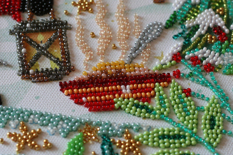 Bead Embroidery Kit, Visiting the Gnomes Winter Christmas Scene, Abris Art, 27x38 cm, 30 Colors, 10,205 Beads