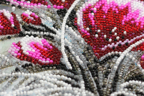 Bead Embroidery Kit, Red Emerald Floral Design, Abris Art, Glass Beads, 22 x 40 cm, 12 Colors