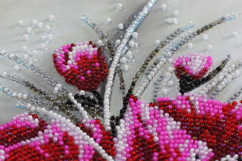Bead Embroidery Kit, Red Emerald Floral Design, Abris Art, Glass Beads, 22 x 40 cm, 12 Colors