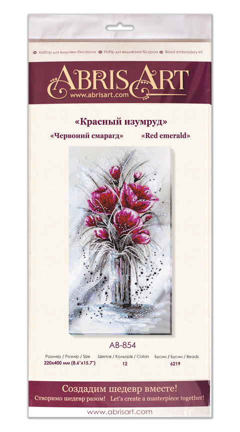 Bead Embroidery Kit, Red Emerald Floral Design, Abris Art, Glass Beads, 22 x 40 cm, 12 Colors