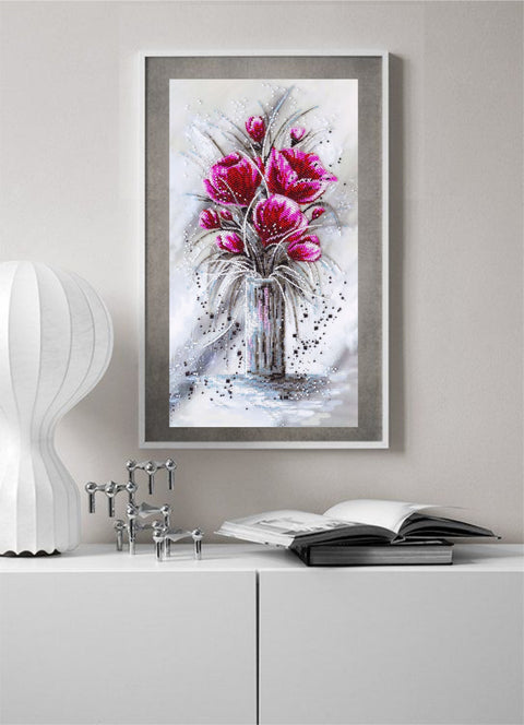 Bead Embroidery Kit, Red Emerald Floral Design, Abris Art, Glass Beads, 22 x 40 cm, 12 Colors