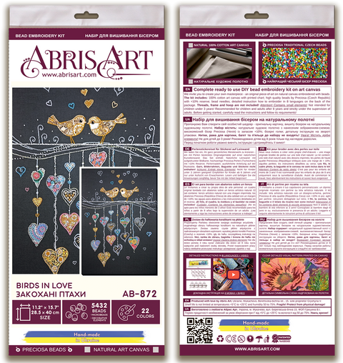 Bead Embroidery Kit with Love Birds Design, Abris Art Preciosa Beads, 285 x 400 mm Canvas, 22 Colors, DIY Wall Art