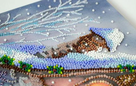 Winter Fairy Tale Bead Embroidery Kit, Abris Art, Glass Beads, 25x28 cm, 26 Colors, Printed Canvas, Microbeads and Sequins