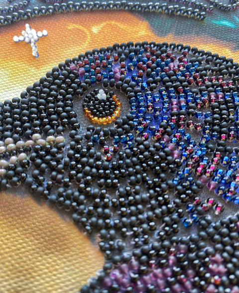 Bead Embroidery Kit, Black Raven Cityscape, Glass Beads, DIY Wall Art, Abris Art, 25 x 35 cm