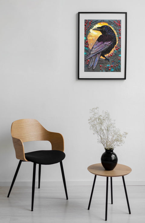 Bead Embroidery Kit, Black Raven Cityscape, Glass Beads, DIY Wall Art, Abris Art, 25 x 35 cm