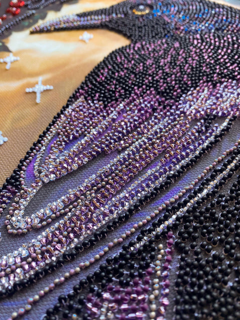 Bead Embroidery Kit, Black Raven Cityscape, Glass Beads, DIY Wall Art, Abris Art, 25 x 35 cm