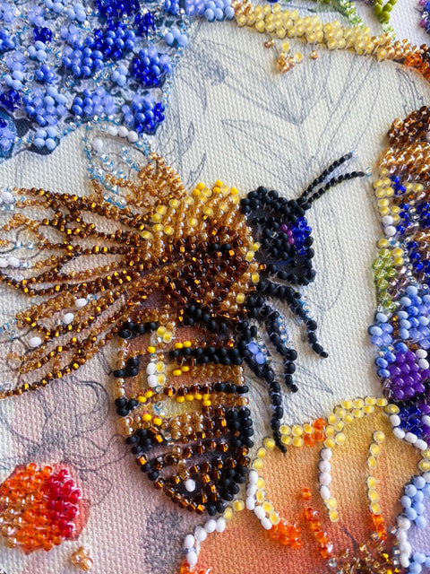 Bead Embroidery Kit, Flower and Honey Design, Abris Art AB-906, Preciosa Ornela Glass Beads, Natural Fabric, 200 x 260 mm