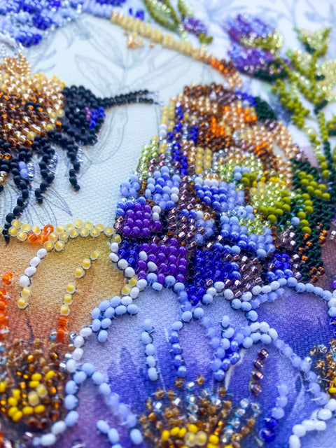 Bead Embroidery Kit, Flower and Honey Design, Abris Art AB-906, Preciosa Ornela Glass Beads, Natural Fabric, 200 x 260 mm