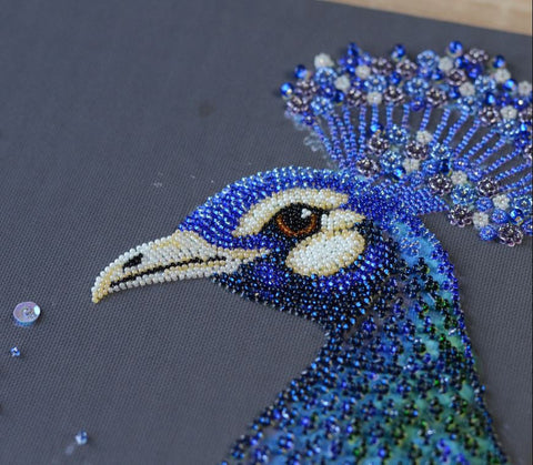 Bead Embroidery Kit, Magical Bird Animal Design, 25 x 45 cm, Abris Art, Printed Canvas, Preciosa Beads, 24 Colors