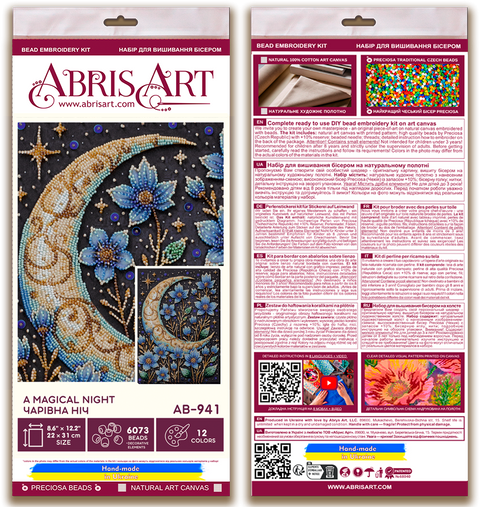 Bead Embroidery Kit Magical Night Floral Design, Abris Art, 6073 Beads, 12 Colors, 22 x 31 cm