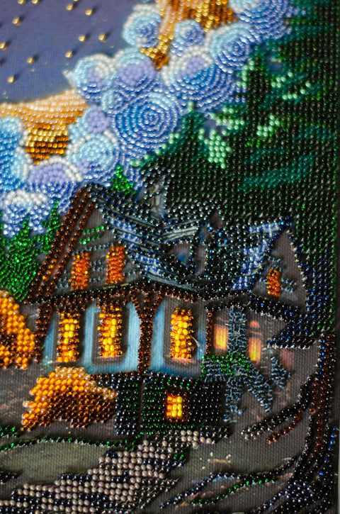 Abris Art Bead Embroidery Kit, Silent Night Winter Landscape, 17 x 30 cm, 6919 Beads, 26 Colors, Intermediate Level