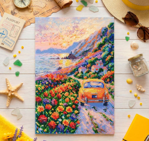 Bead Embroidery Kit Sunset Over the Sea Seascape, Printed Canvas, 23 x 34 cm, Abris Art, 31 Colors