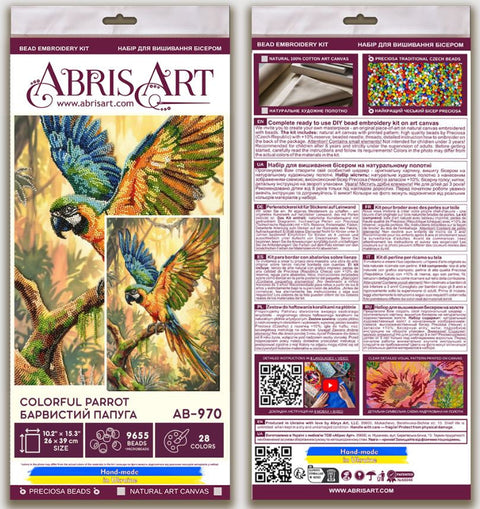 Beaded Embroidery Kit, Colorful Parrot Design, Abris Art 26 x 39 cm, Preciosa Beads, 28 Colors, Animal Wall Art DIY Craft